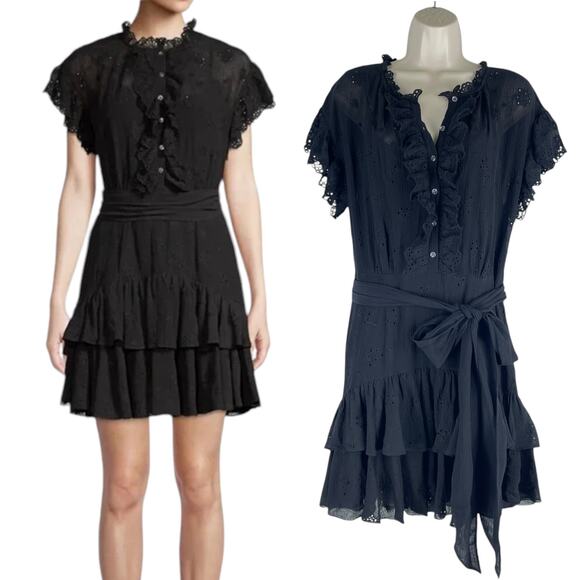 Rebecca Taylor Black Dree Silk Blend Eyelet Ruffle Mini Dress Size 12 - Picture 1 of 12
